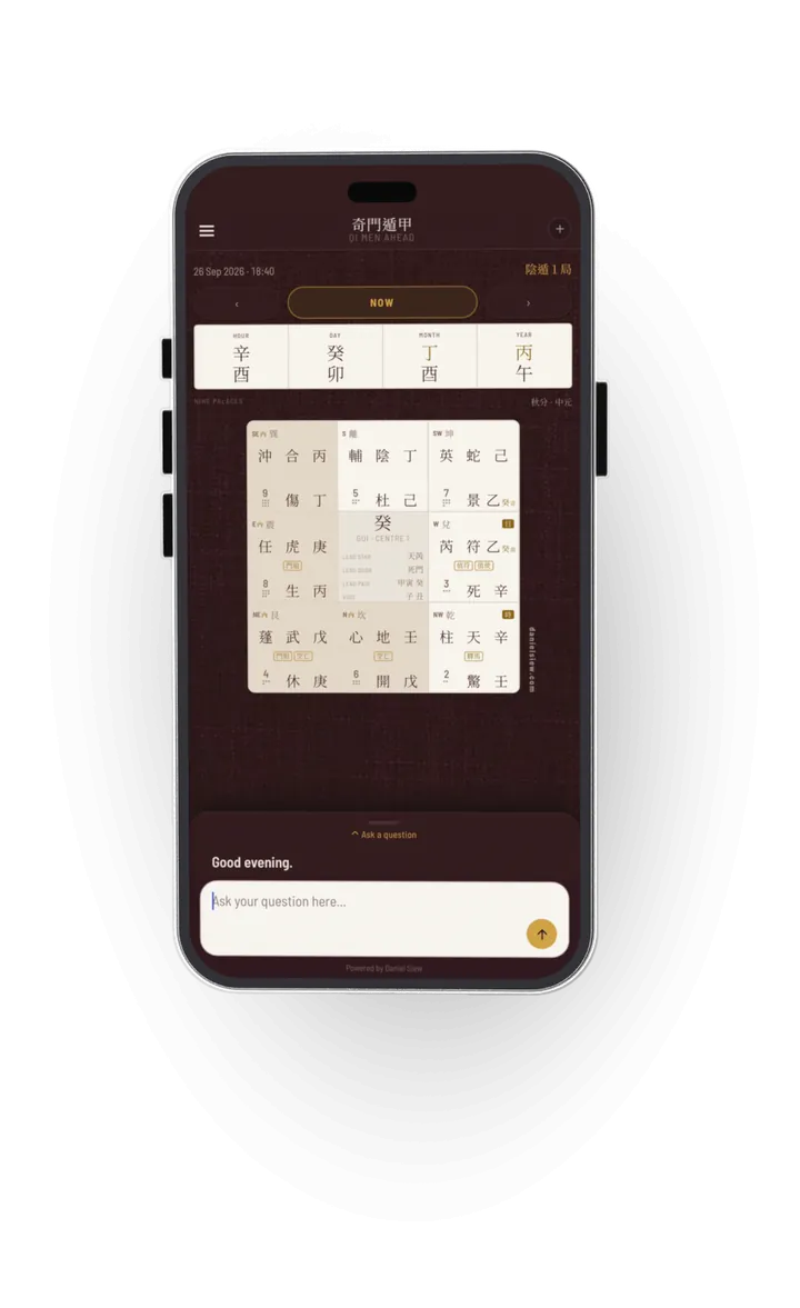 The Qi Men Ahead app on a phone: the Nine Palaces chart for this moment, and a box that says Ask your question here.